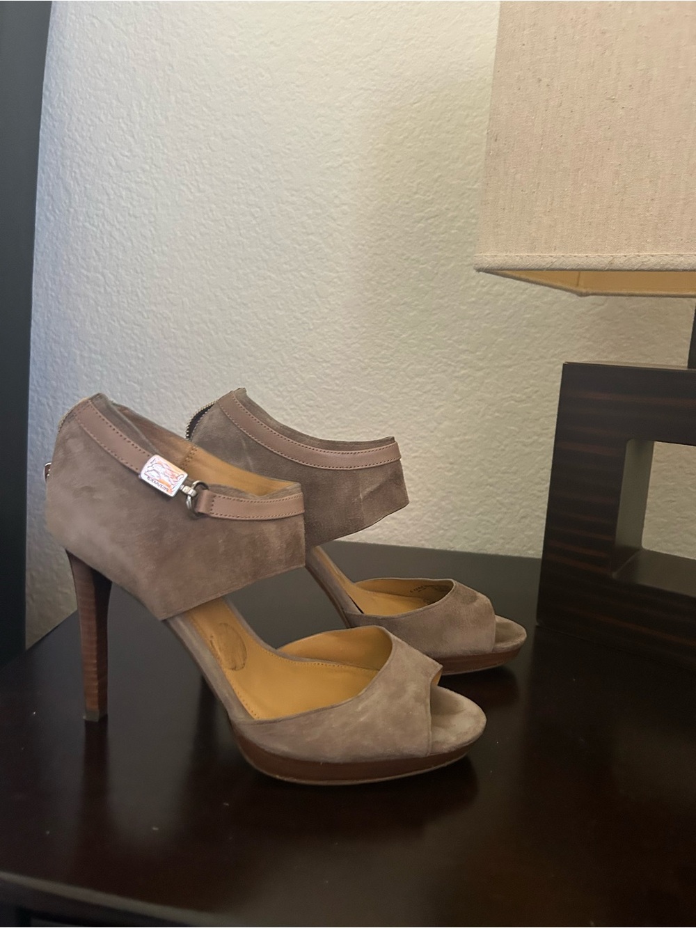 Coach Taupe Suede Peep-Toe Heels with Ankle Strap